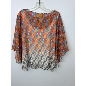 Ruby Rd Vtg Style Y2K Boho Geometric Diamond Sheer Poncho Blouse Size Large